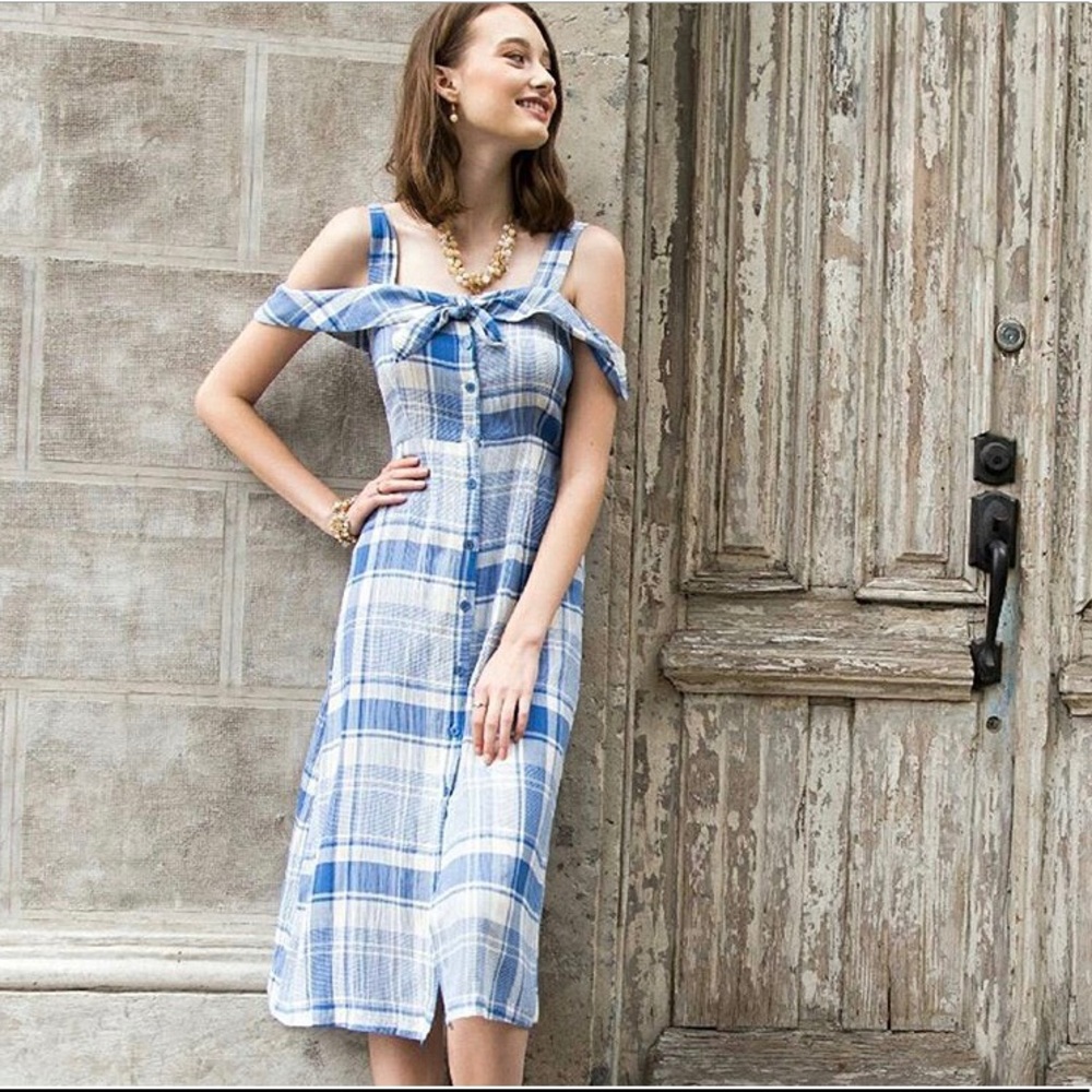 Gingham Off-the-Shoulder Midi Dress